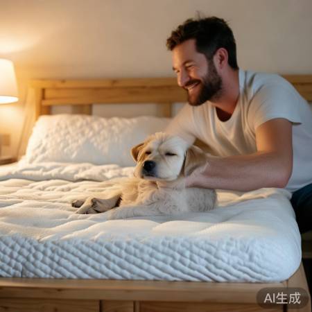 男子选柔软床垫,狗狗舒适睡